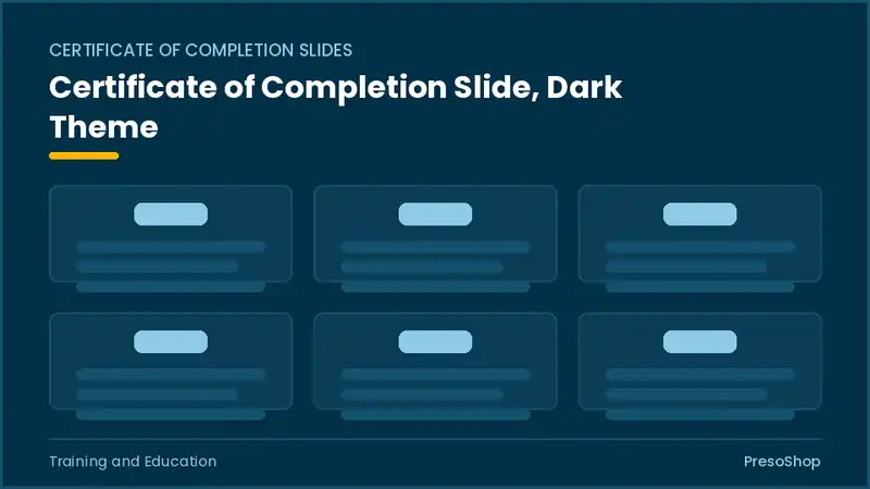 Editable PowerPoint certificate of completion slide template in a dark theme, built from recolourable native shapes for training and education decks