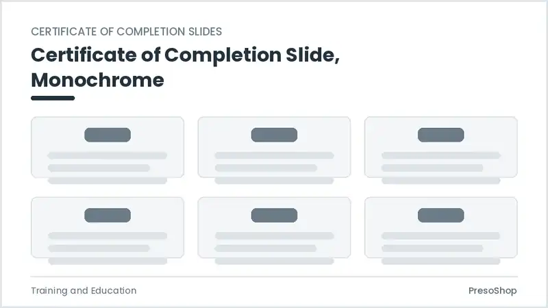 Editable PowerPoint certificate of completion slide template in a monochrome treatment, built from recolourable native shapes for training and education decks