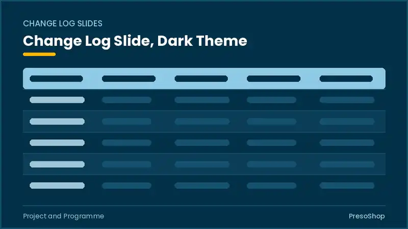 Editable PowerPoint change log slide template in a dark theme, built from recolourable native shapes for project and programme decks