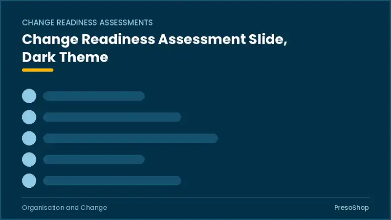 Editable PowerPoint change readiness assessment slide template in a dark theme, built from recolourable native shapes for organisation and change decks