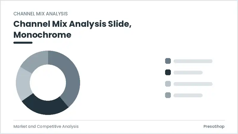 Editable PowerPoint channel mix analysis slide template in a monochrome treatment, built from recolourable native shapes for market and competitive analysis decks