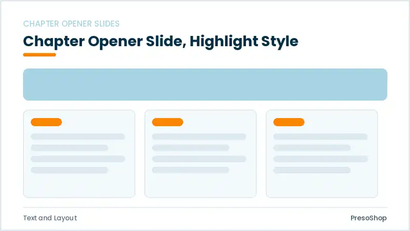 Editable PowerPoint chapter opener slide template with an accented takeaway, built from recolourable native shapes for text and layout decks