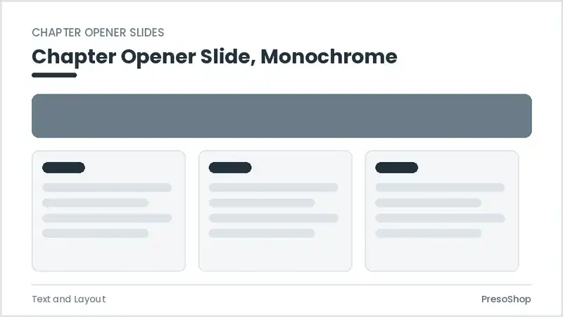 Editable PowerPoint chapter opener slide template in a monochrome treatment, built from recolourable native shapes for text and layout decks