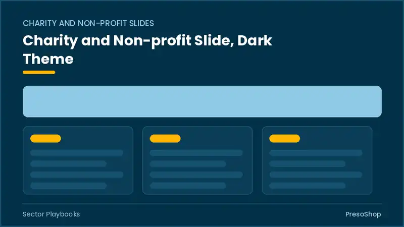 Editable PowerPoint charity and non-profit slide template in a dark theme, built from recolourable native shapes for sector playbooks decks