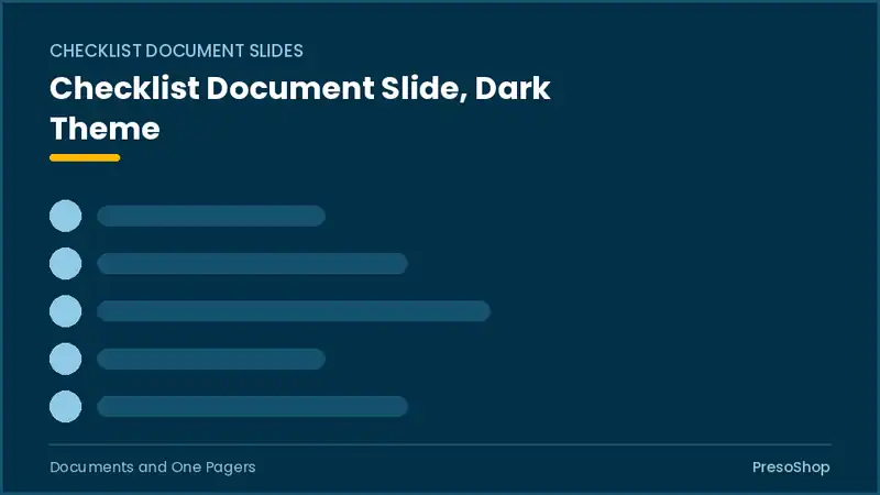 Editable PowerPoint checklist document slide template in a dark theme, built from recolourable native shapes for documents and one pagers decks