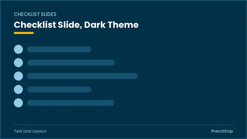 Editable PowerPoint checklist slide template in a dark theme, built from recolourable native shapes for text and layout decks