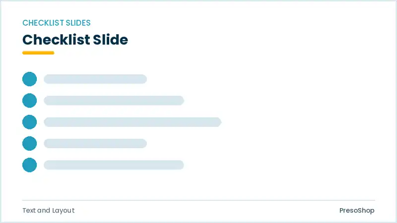 Editable PowerPoint checklist slide template, built from recolourable native shapes for text and layout decks