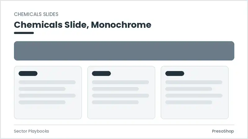 Editable PowerPoint chemicals slide template in a monochrome treatment, built from recolourable native shapes for sector playbooks decks