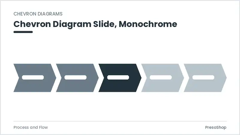 Editable PowerPoint chevron diagram slide template in a monochrome treatment, built from recolourable native shapes for process and flow decks
