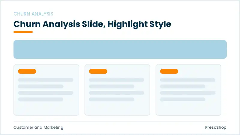 Editable PowerPoint churn analysis slide template with an accented takeaway, built from recolourable native shapes for customer and marketing decks