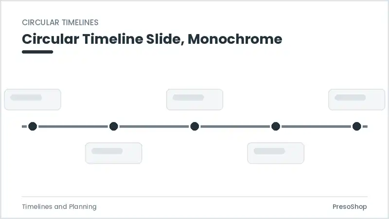 Editable PowerPoint circular timeline slide template in a monochrome treatment, built from recolourable native shapes for timelines and planning decks