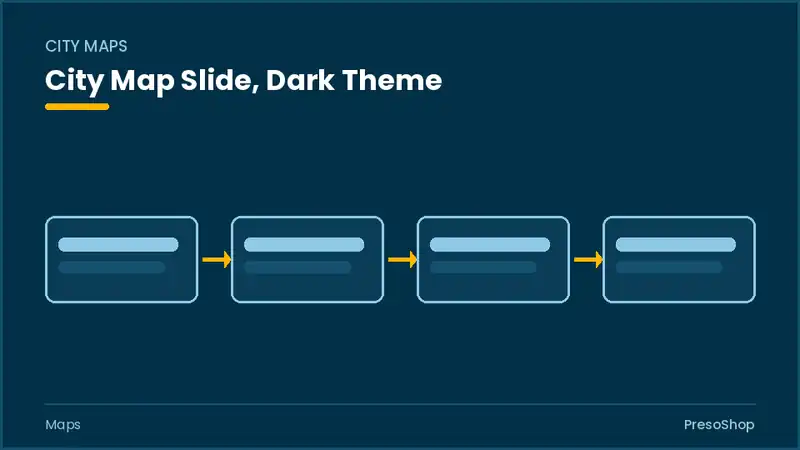 Editable PowerPoint city map slide template in a dark theme, built from recolourable native shapes for maps decks