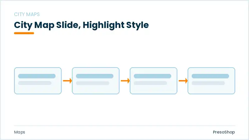 Editable PowerPoint city map slide template with an accented takeaway, built from recolourable native shapes for maps decks