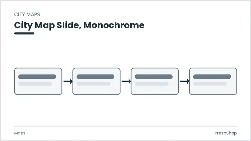 Editable PowerPoint city map slide template in a monochrome treatment, built from recolourable native shapes for maps decks
