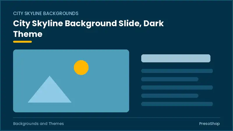 Editable PowerPoint city skyline background slide template in a dark theme, built from recolourable native shapes for backgrounds and themes decks