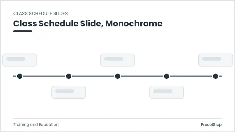 Editable PowerPoint class schedule slide template in a monochrome treatment, built from recolourable native shapes for training and education decks