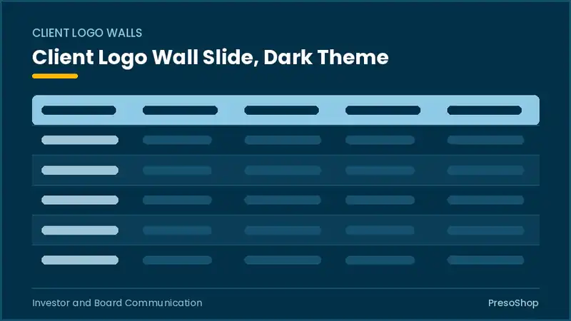 Editable PowerPoint client logo wall slide template in a dark theme, built from recolourable native shapes for investor and board communication decks