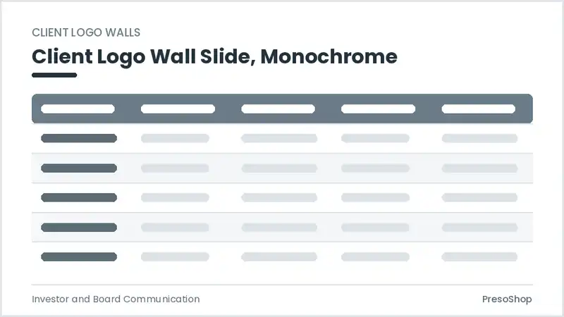 Editable PowerPoint client logo wall slide template in a monochrome treatment, built from recolourable native shapes for investor and board communication decks