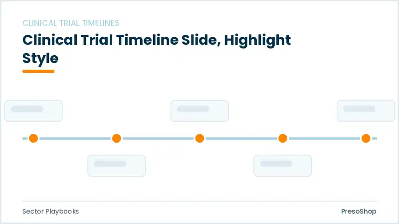 Editable PowerPoint clinical trial timeline slide template with an accented takeaway, built from recolourable native shapes for sector playbooks decks