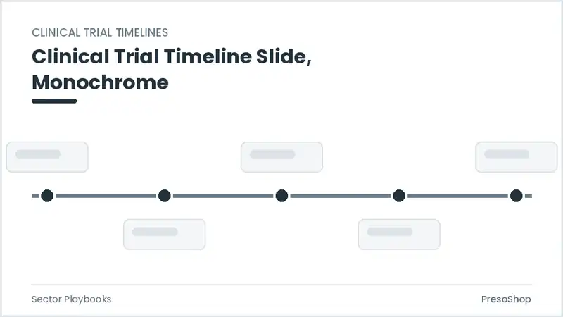 Editable PowerPoint clinical trial timeline slide template in a monochrome treatment, built from recolourable native shapes for sector playbooks decks