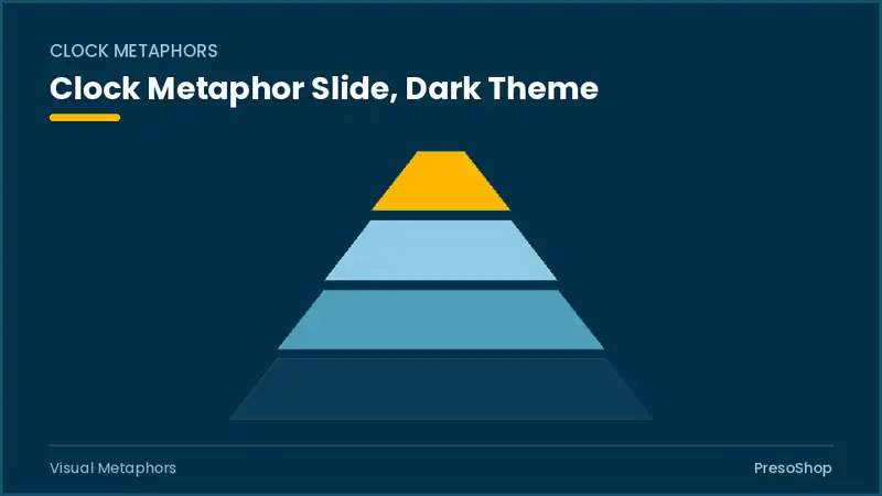 Editable PowerPoint clock metaphor slide template in a dark theme, built from recolourable native shapes for visual metaphors decks