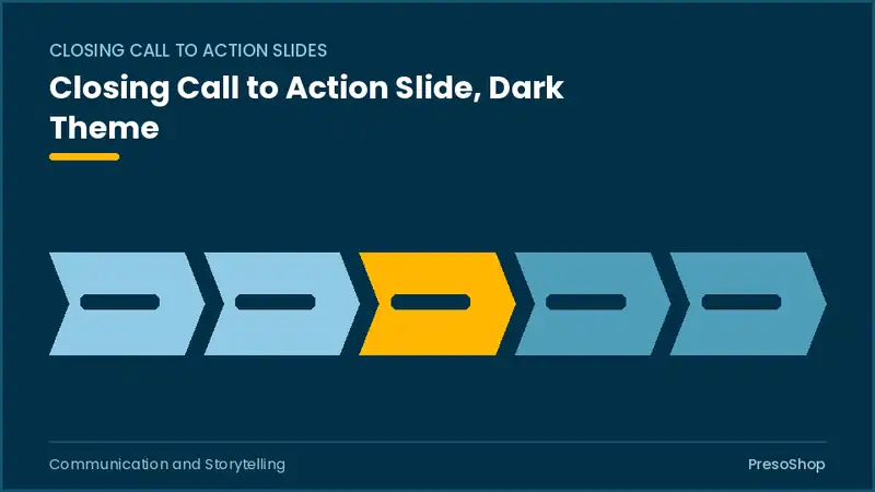 Editable PowerPoint closing call to action slide template in a dark theme, built from recolourable native shapes for communication and storytelling decks