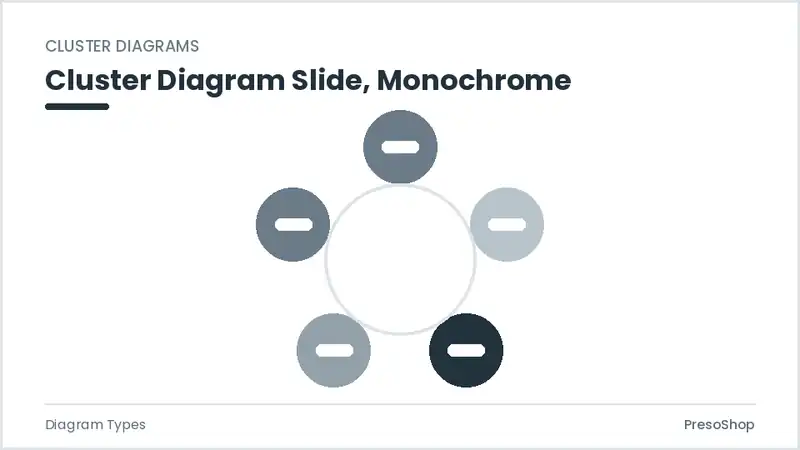 Editable PowerPoint cluster diagram slide template in a monochrome treatment, built from recolourable native shapes for diagram types decks