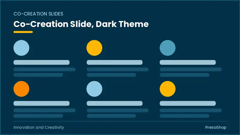 Editable PowerPoint co-creation slide template in a dark theme, built from recolourable native shapes for innovation and creativity decks