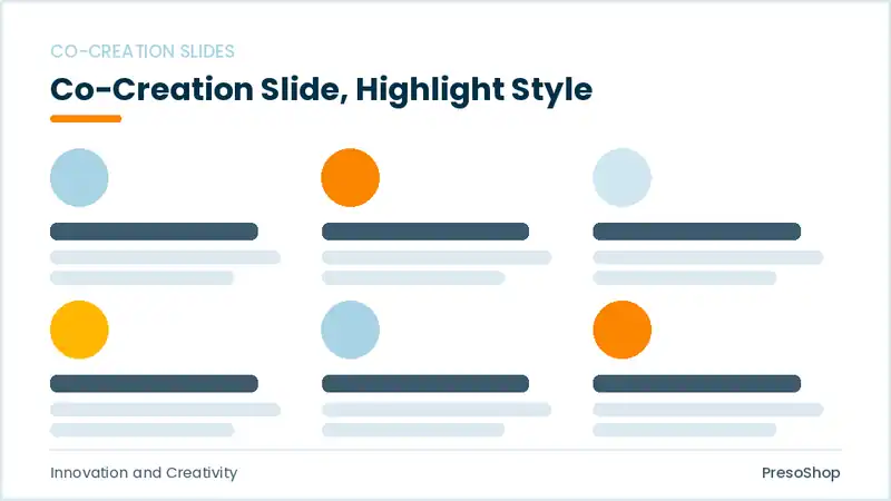 Editable PowerPoint co-creation slide template with an accented takeaway, built from recolourable native shapes for innovation and creativity decks
