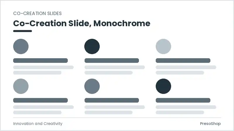 Editable PowerPoint co-creation slide template in a monochrome treatment, built from recolourable native shapes for innovation and creativity decks