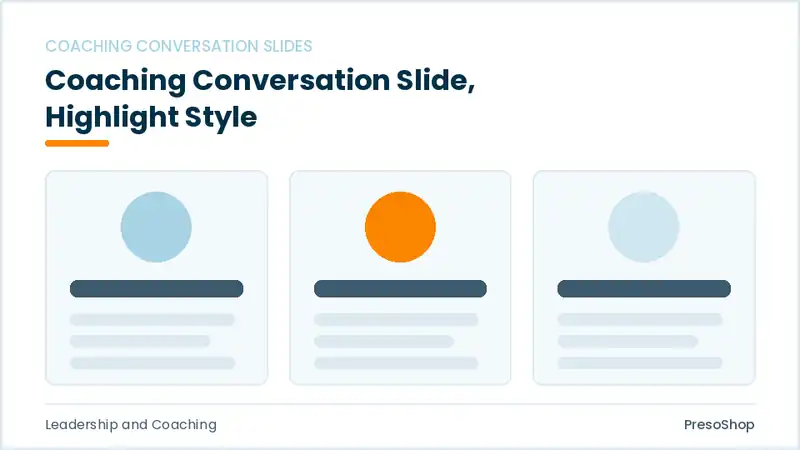 Editable PowerPoint coaching conversation slide template with an accented takeaway, built from recolourable native shapes for leadership and coaching decks