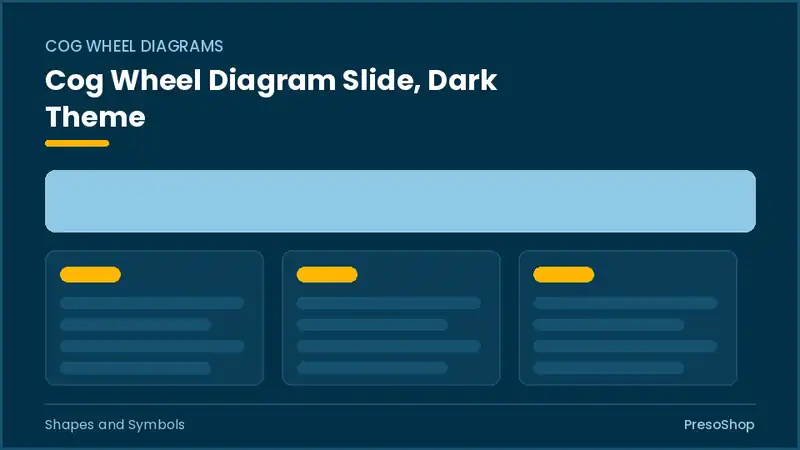 Editable PowerPoint cog wheel diagram slide template in a dark theme, built from recolourable native shapes for shapes and symbols decks
