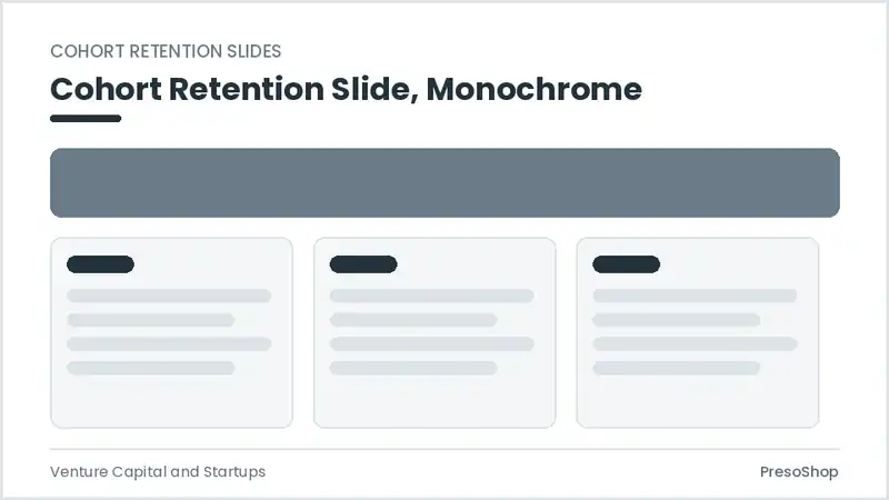 Editable PowerPoint cohort retention slide template in a monochrome treatment, built from recolourable native shapes for venture capital and startups decks