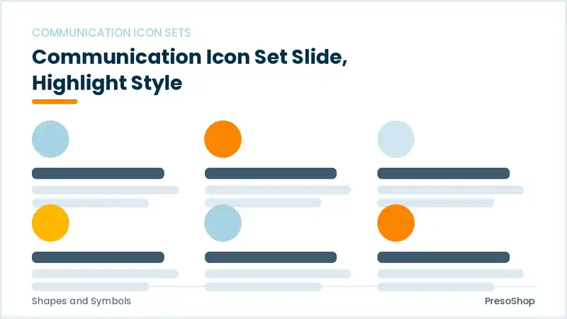 Editable PowerPoint communication icon set slide template with an accented takeaway, built from recolourable native shapes for shapes and symbols decks