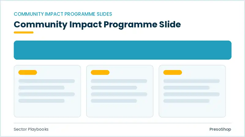 Editable PowerPoint community impact programme slide template, built from recolourable native shapes for sector playbooks decks