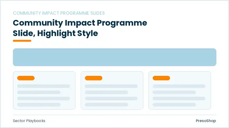 Editable PowerPoint community impact programme slide template with an accented takeaway, built from recolourable native shapes for sector playbooks decks