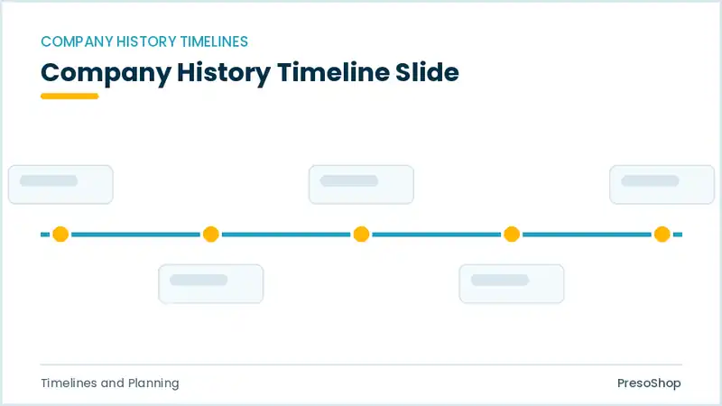 Editable PowerPoint company history timeline slide template, built from recolourable native shapes for timelines and planning decks