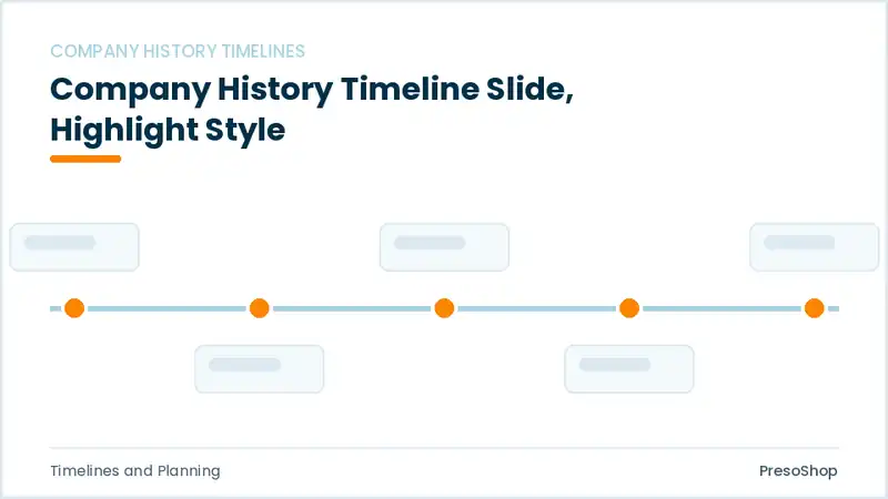 Editable PowerPoint company history timeline slide template with an accented takeaway, built from recolourable native shapes for timelines and planning decks