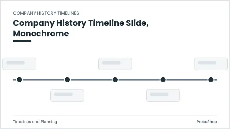Editable PowerPoint company history timeline slide template in a monochrome treatment, built from recolourable native shapes for timelines and planning decks