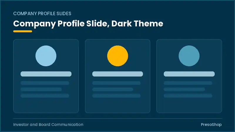 Editable PowerPoint company profile slide template in a dark theme, built from recolourable native shapes for investor and board communication decks