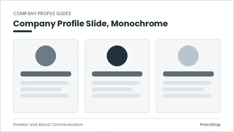 Editable PowerPoint company profile slide template in a monochrome treatment, built from recolourable native shapes for investor and board communication decks