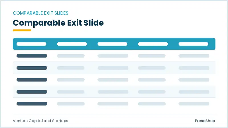 Editable PowerPoint comparable exit slide template, built from recolourable native shapes for venture capital and startups decks