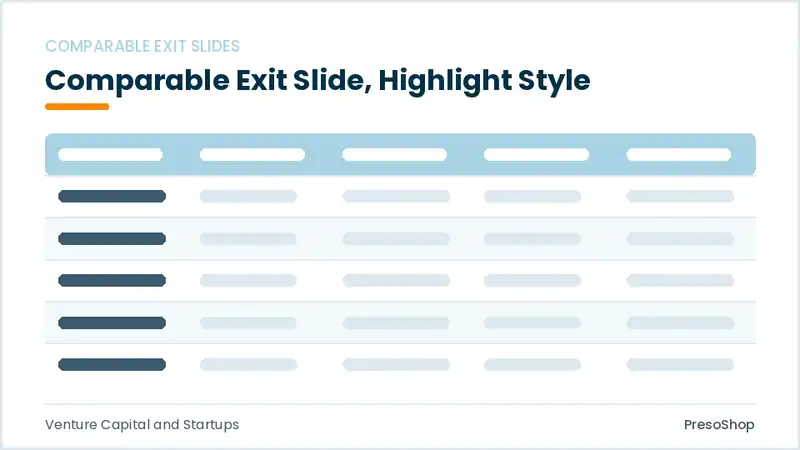 Editable PowerPoint comparable exit slide template with an accented takeaway, built from recolourable native shapes for venture capital and startups decks