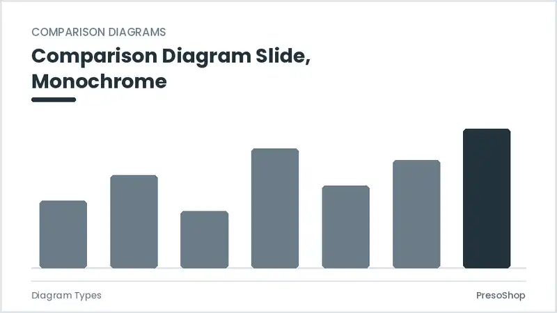 Editable PowerPoint comparison diagram slide template in a monochrome treatment, built from recolourable native shapes for diagram types decks