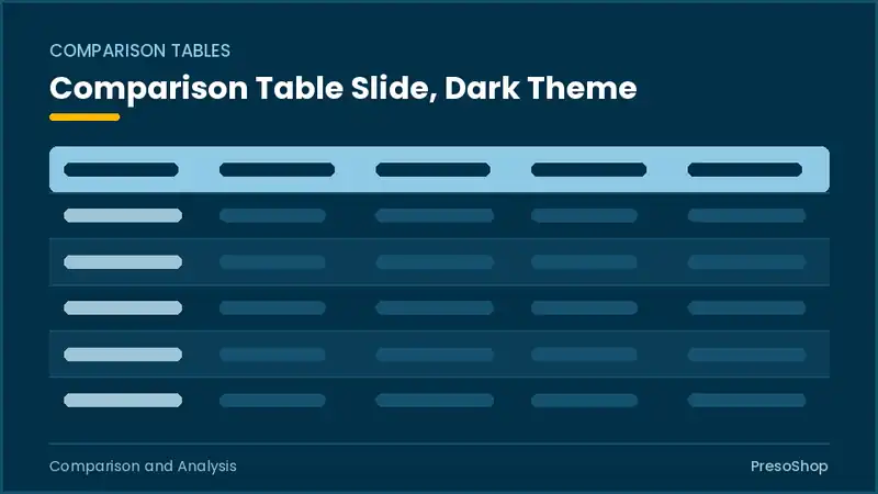 Editable PowerPoint comparison table slide template in a dark theme, built from recolourable native shapes for comparison and analysis decks