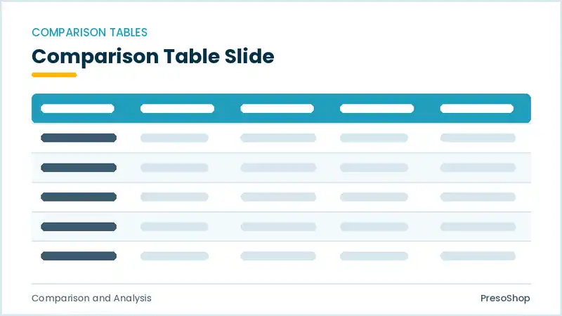 Editable PowerPoint comparison table slide template, built from recolourable native shapes for comparison and analysis decks