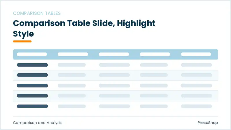 Editable PowerPoint comparison table slide template with an accented takeaway, built from recolourable native shapes for comparison and analysis decks