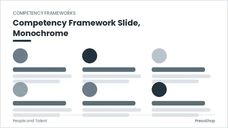 Editable PowerPoint competency framework slide template in a monochrome treatment, built from recolourable native shapes for people and talent decks