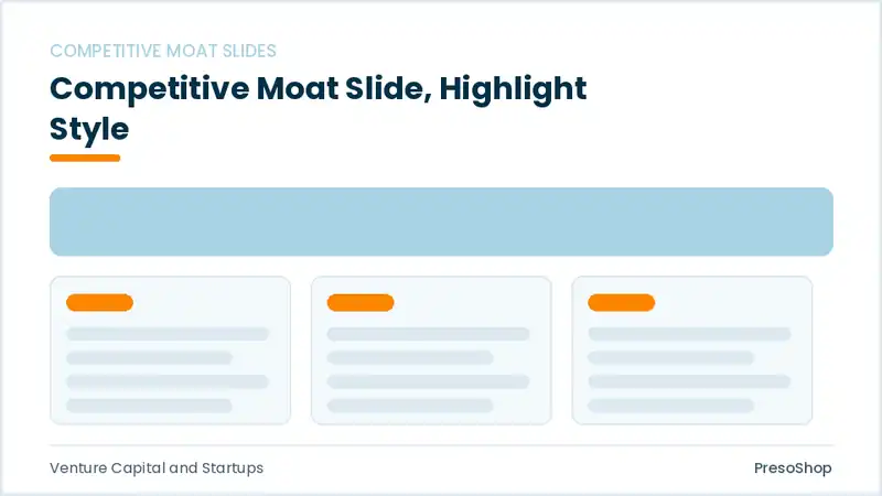 Editable PowerPoint competitive moat slide template with an accented takeaway, built from recolourable native shapes for venture capital and startups decks