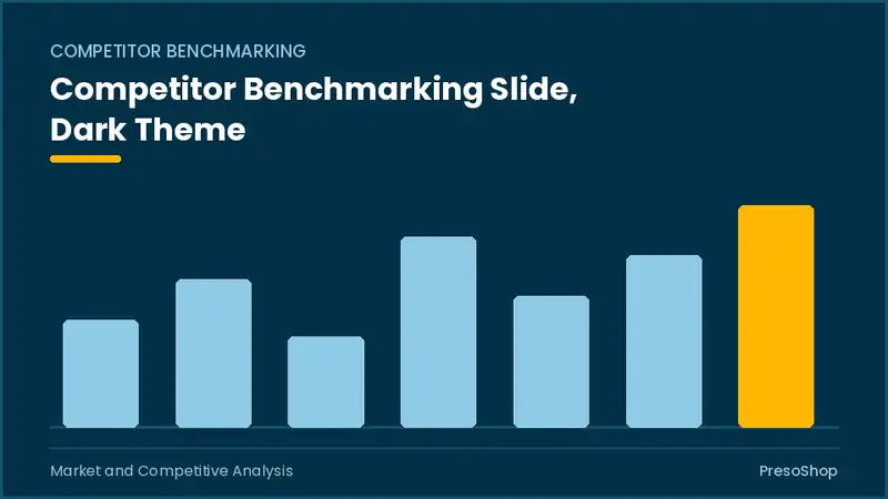 Editable PowerPoint competitor benchmarking slide template in a dark theme, built from recolourable native shapes for market and competitive analysis decks